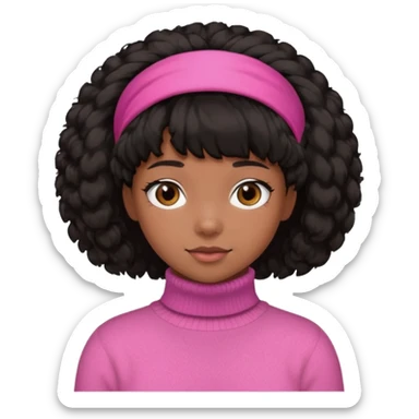 black fluffy haired girl with pink turtleneck sweater and hair band sticker
