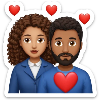 pareja de Mujer morena rizada cabello largo castaño ojos oscuros y hombre blanco con cabello negro corto con barba y ojos marron alrededor de la pareja corazones sticker