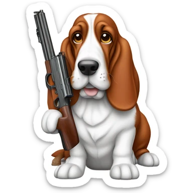 Red and white basset hound with gun sticker
