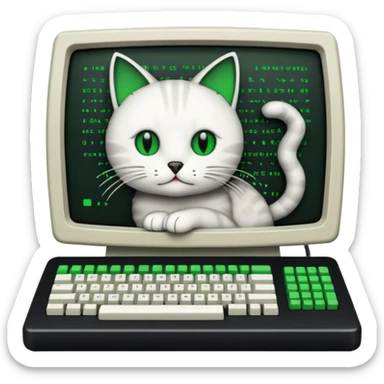 mac os icon code computer retro terminal, black, green white, cat draw with ASCII code inside the terminal sticker