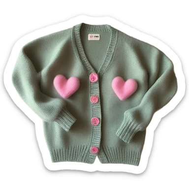 Sage oversize wool open short cardigan with pink heart buttons, isolated sticker