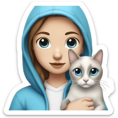 girl with brown hair and freckles, wearing a hoodie, holding a Siamese cat that is white and gray and the cat has blue eyes  sticker