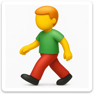 Make a more emoji-like image that looks exactly like the reference: walking man, no face, orange hair, green shirt, moderate red pants, black shoes, 3D iOS emoji style. Add a slight shadow under the feet. sticker