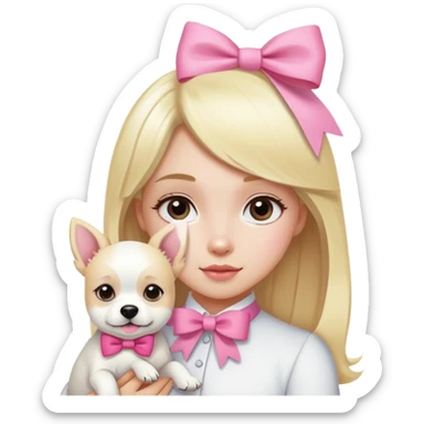 una rubia con un lazo rosado cargando a un perro blanco  sticker