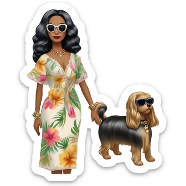 Palm Beach Breeze Barbie Wednesday Addams ,walking by the pool, white skin, full body visible, wavy hair,handbag, aloof,eyeshadow,earrings,open flowing floral caftan,small 2 piece, sunglasses on top,heels,holding yorkie Miss Thang sticker