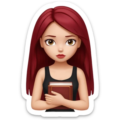 a pretty bratz fair girl with dark red straight hair, black cami top, looking sad holding books sticker
