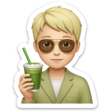 portrait of a boy with sunglasses and matcha sticker