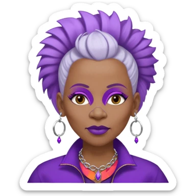 57yr old Qeen black woman with long oval shaped face with a white colored  natural hair mohawk style haircut adorning purple royalty clothing and purle lipstick, with 2 nose ring piercing  sticker