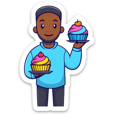 Cheerful large African American man holding colorful cupcakes sticker