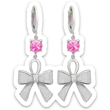 Silver diamond earrings￼ with a bow in pink sticker