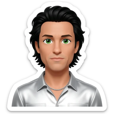 Kevin Richardson from Backstreet Boys with green eyes, black long hair, white metallic shirt, silver necklace sticker