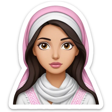 A woman with long, dark hair wears a traditional white keffiyeh, her makeup is well done, with defined eyebrows and soft pink lips  sticker