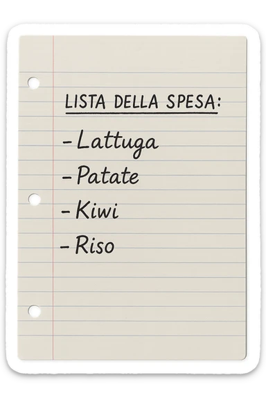 FOGLIO DI CARTA A RIGHE CON LISTA DELLA SPESA SCRITTA A PENNA:
"LISTA DELLA SPESA:
- Lattuga
- Patate
- Kiwi
- Riso", iperealistico 4k sticker