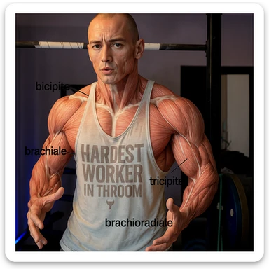 Highlight the muscle fibers of the man's body in the reference photo in a realistic anatomical style, maintaining the original pose and expression. Add labels in Italian for the arm muscles: bicipite, tricipite, brachiale, brachioradiale. sticker