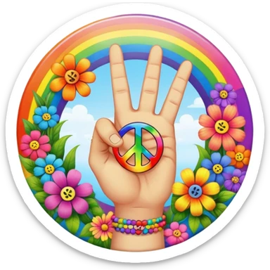 A round psychedelic colored button with a hand making the peace sign in the center surrounded by rainbow colored hippie style flowers sticker