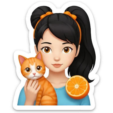 A black haired girl with a high ponytail holding an orange cat sticker