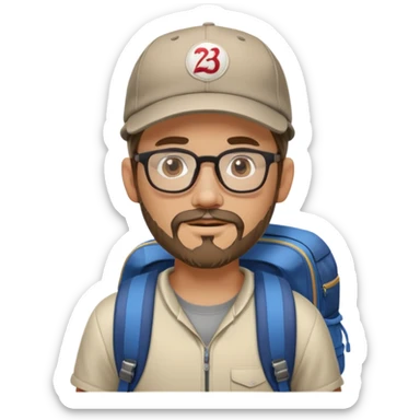 adventurer with goatee beard (no beard on cheeks), short hair, glasses, backwards baseball cap and backpack sticker