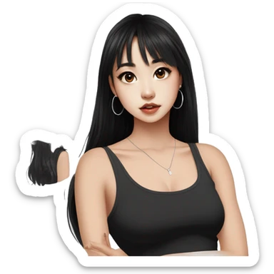 Korean girl, black tank top, black hair, black eyes, layered hair, cool girl, aesthetic, long hair, hime cut, blunt bangs, small silver hoop earrings sticker