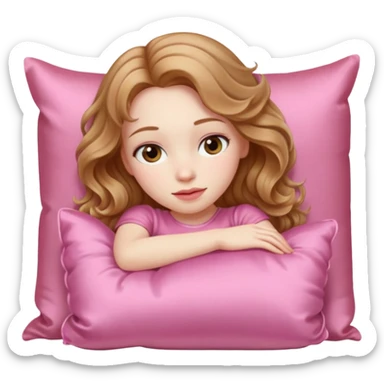 sleeping beauty girl with pale skin and light brown wavy hair with a pink silk pillow sticker