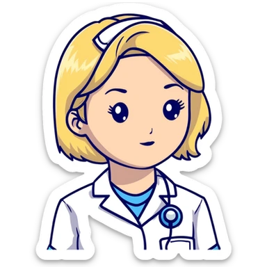 blonde woman kinesiologist in medical uniform with thoughtful face sticker