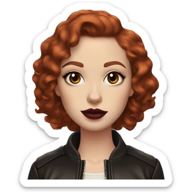 Girl with very pale skin, true red curly short hair with a side part, heavy cat-eye makeup, long eyelashes, dark maroon blush and lipstick.  Her eyebrows are dark, arched and very high.  Hazel eyes. Big lips. Thin. Wearing a leather jacket  sticker