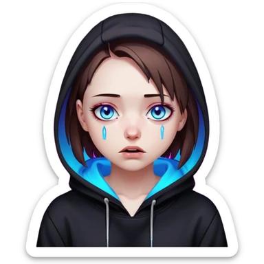 a girl with a brown bob and blue eyes in a black hoodie is crying Cyberpunk style. Violet neon. sticker