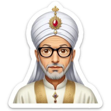 Jeff Goldblum no glasses as a regal portrait dressed as suleiman-the-magnificent,-depicted-as-a-regal-ottoman-sultan-adorned-with-a-large,-white,-round,-tall-turban-and-a-majestic-grey-beard,-his-commanding-gaze-bathed-in-warm,-historic-lighting-that-exudes-time with a large long beard **no glasses** sticker