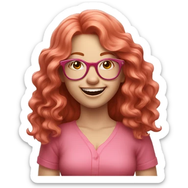 Pale, Long Wavy haired red head, girl with pink circular glasses glasses laughing and pointing sticker