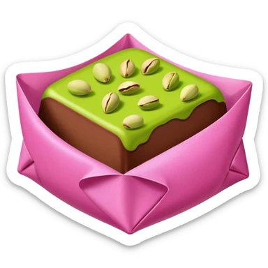 bitten chocolate in a pink wrapper. chocolate filling - pistachio paste green sticker