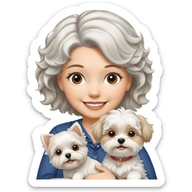 silver, short, wavy-haired with loose curls, smiling pretty lady holding a white west highland terrier dog and a white and tan shih tzu dog sticker