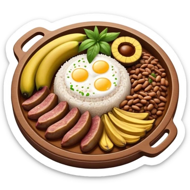 Cinematic Realistic Bandeja Paisa Dish Emoji, depicted as a hearty platter featuring beans, rice, meat, and plantains rendered with detailed textures and vibrant, robust lighting. sticker