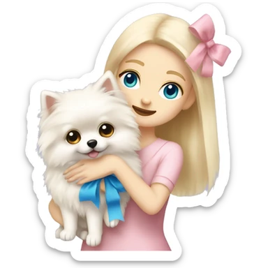 Blond girl white skin blue eyes hugging white Pomeranian with light pink bow sticker