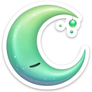 sparkly glossy pastel green-gradient crescent moon with extra shimmer, no face sticker