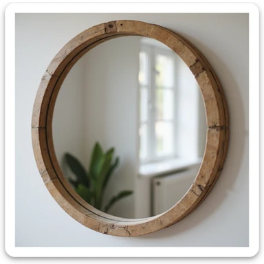 A realistic mirror with a wooden frame reflecting a room, photorealistic style. sticker
