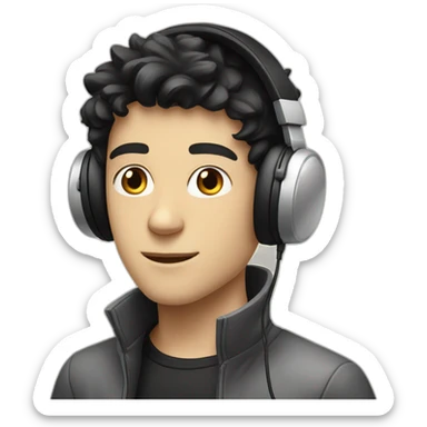 young white guy, black hair, headphones, science fiction sticker