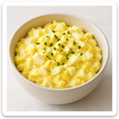 egg salad served in a bowl, yellow and white colors, clean presentation sticker