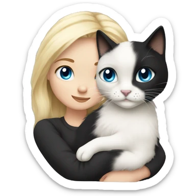 Blonde girl blue eyes snuggling fluffy black and white tuxie cat sticker