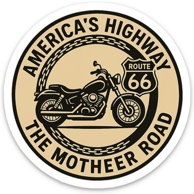 circular design for motorcycle cap, transparent background, text 'AMERICA'S HIGHWAY - ROUTE 66 - THE MOTHER ROAD', motif: chain, motorcycle, Route 66 sign, friendly style sticker