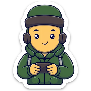 Russian military blogger wearing an ushanka hat and a vatnik, holding a smartphone sticker