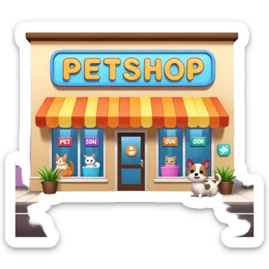 Modern building of a pet shop with a big glowing sign that says PETSHOP on the front. Colorful storefront, large windows showing pet products inside, cute animal illustrations on the walls, warm and friendly atmosphere, daytime, high-quality detailed render sticker