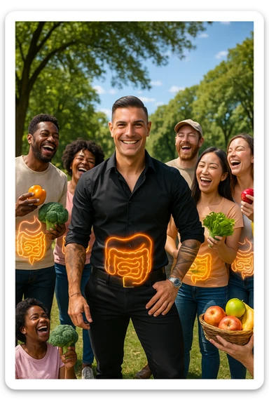  a smiling man stands at the center of a group of diverse, happy people in a bright park. Everyone has a subtle, glowing outline around their abdominal area, symbolizing a healthy gut. The group is laughing, sharing fresh fruits and vegetables, and the atmosphere is vibrant and full of energy. sticker