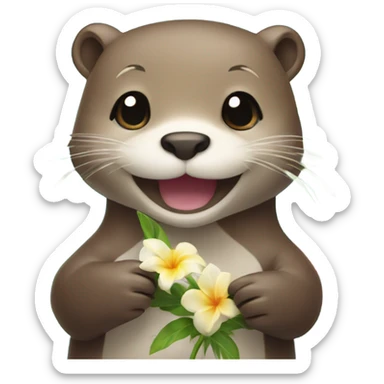A happy and cute otter face holding a Hawaiian flower sticker