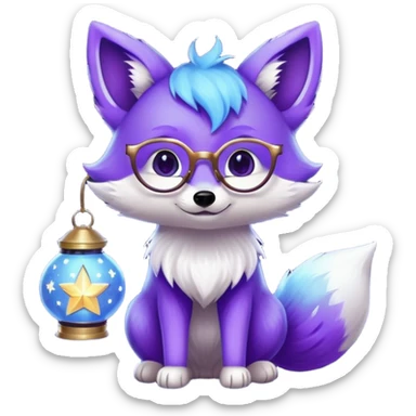 a small magical fox with shimmering purple and blue fur, a glowing fluffy tail, a silver star on its forehead, round glasses, and a tiny lantern. 😂 sticker