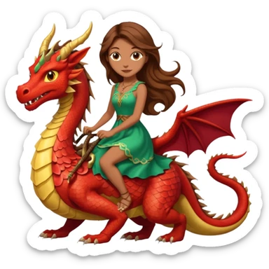 Women with long brown hair and brown eyes riding a dragon showing her full body in pretty dress  sticker