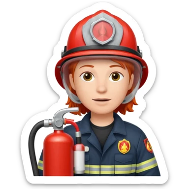 red haired Firefighter with respiratory protection with fire extinguisher sticker