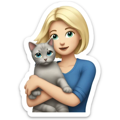 blonde with short hair and blue eyes holds a gray cat in her arms sticker