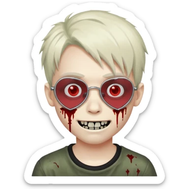 Zombie emo boy, chrome heart glasses and a scary smile, scars and blood under eyes sticker