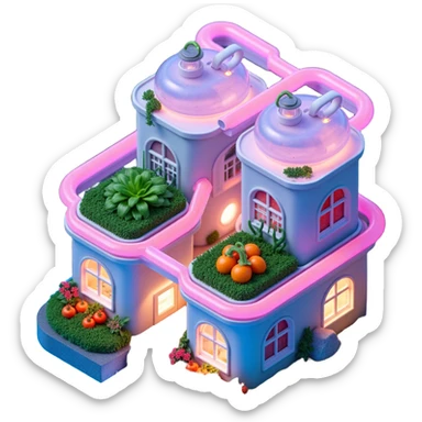 Exterior view of a futuristic farm building with glowing neon pipes and transparent water channels, sleek buildings shaped like nutrient tanks, vegetables and wheat growing in vertical layers, surreal atmosphere, emoji-style, cartoony sticker