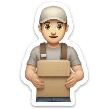 Pale skinned fit Man with dark brown hair in a beige cap, gray jeans, brown polo and white T-shirt keeping a pasted with tape white box into his hands sticker