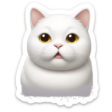 chubby white cat with a belly sticker